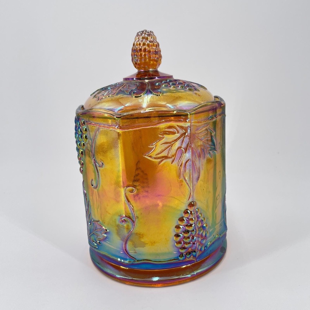 Indiana Glass Harvest Grape Marigold Carnival Glass Biscuit Jar with Lid 7.5in